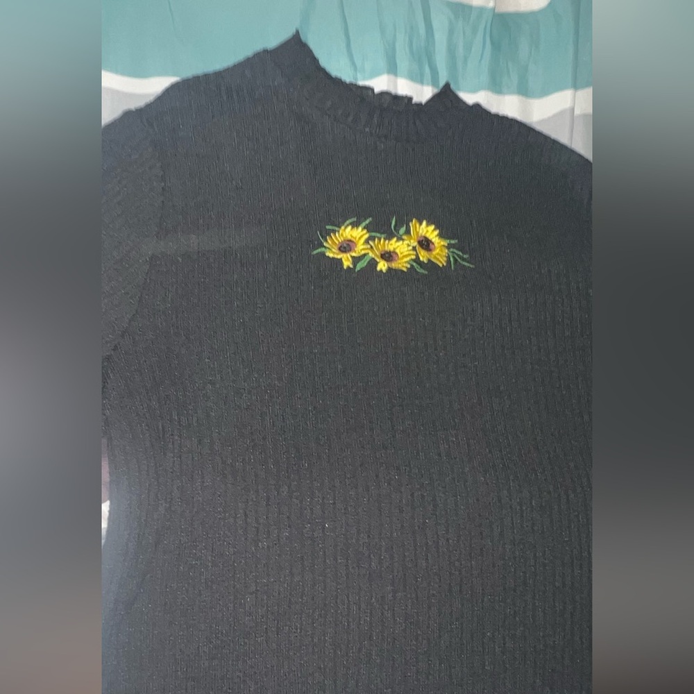 BIG SALE(5 for $20)- Black Ribbed Top with Sunflower Embroidery